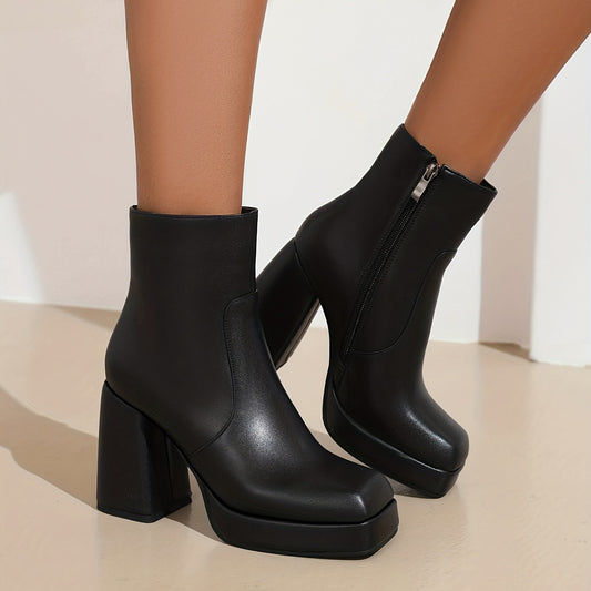Women's Platform Ankle Boots Side Zipper Block Heels Fashionable Short Boots