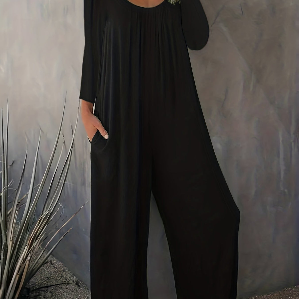  Solid Long Sleeve Round Neck Wide Leg Jumpsuit