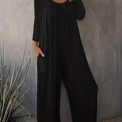  Solid Long Sleeve Round Neck Wide Leg Jumpsuit