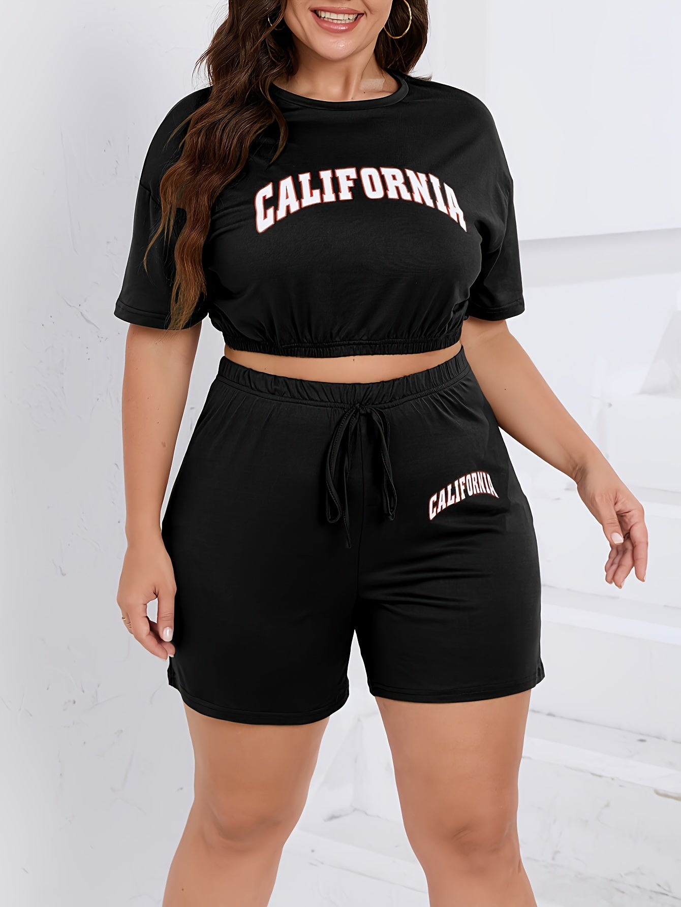  Letter Print Crop Tee & High Waist Shorts Set 2pcs