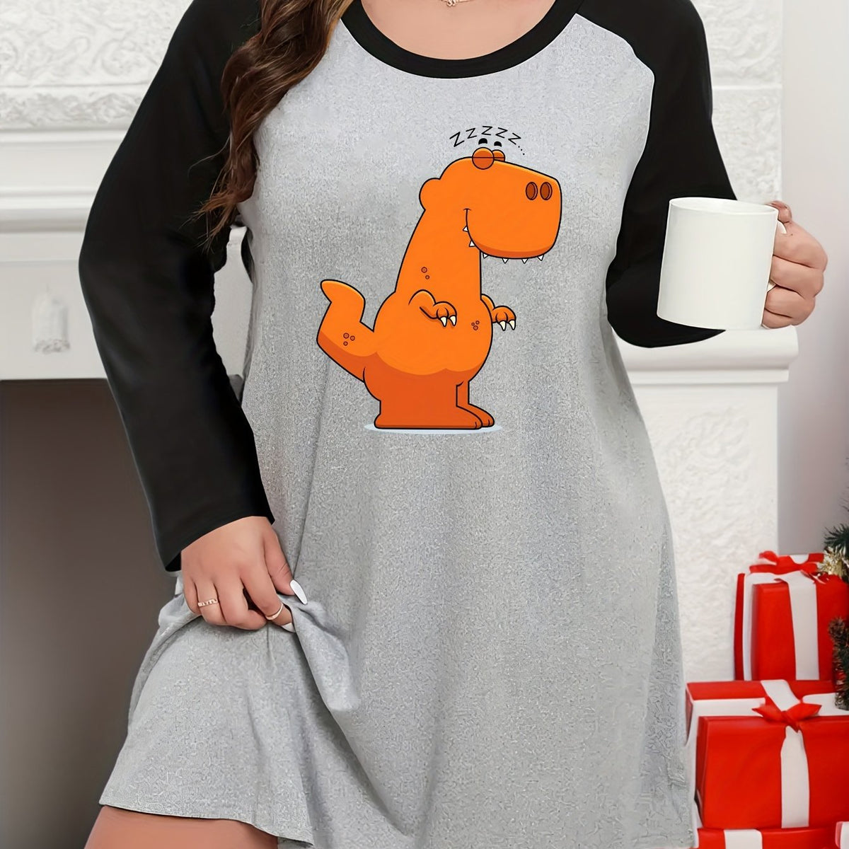  Sleepy Dinosaur Raglan Long Sleeve Lounge Dress