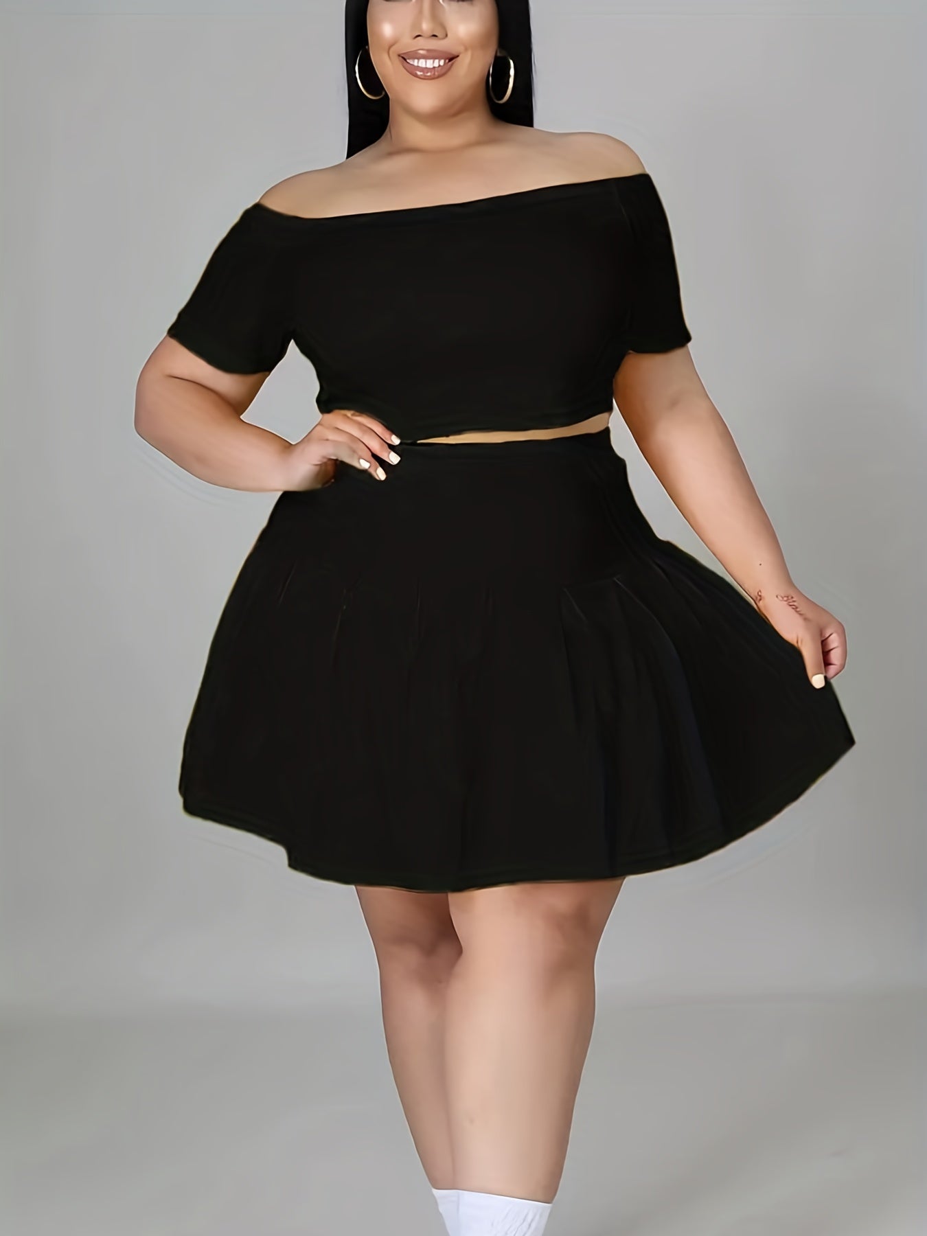 Off Shoulder Crop Top & Mini Skirts Set Women's Plus Casual 2pcs Set