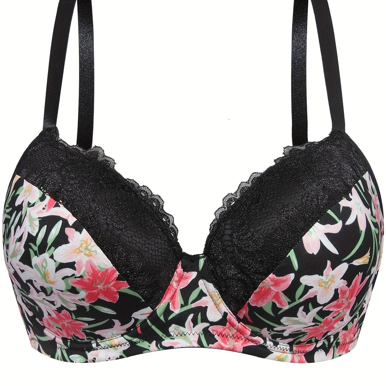  Sexy Bra Women's Plus Floral Print Lace Trim Underwire Molded Cup Bra
