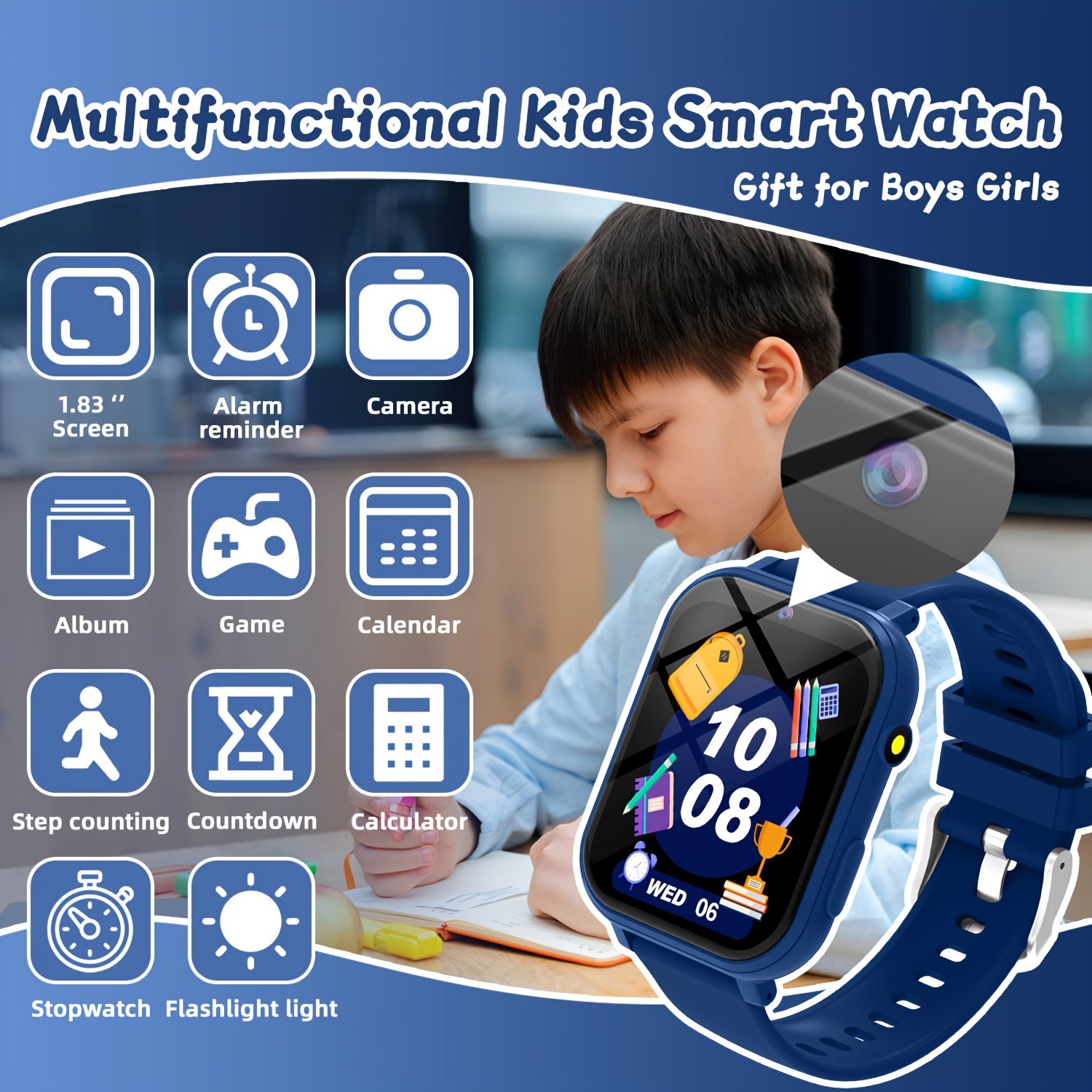 SIMSONFIT Kids Smart Watch 1.83" Colorful Silicone Strap Flashlight Alarm Camera
