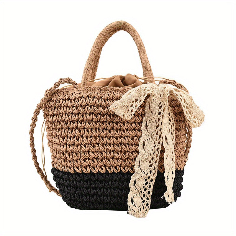 Straw Beach Bag Drawstring Bucket Shoulder Bag Boho Style Handbag