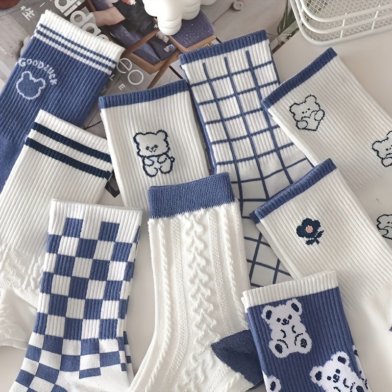 10 Pairs Bear & Plaid Print Ribbed Socks Women's Mid Tube Stockings