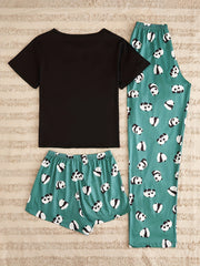 Panda Print Pajama Set Short Sleeve Top & Shorts Lounge Pants Women's Sleepwear