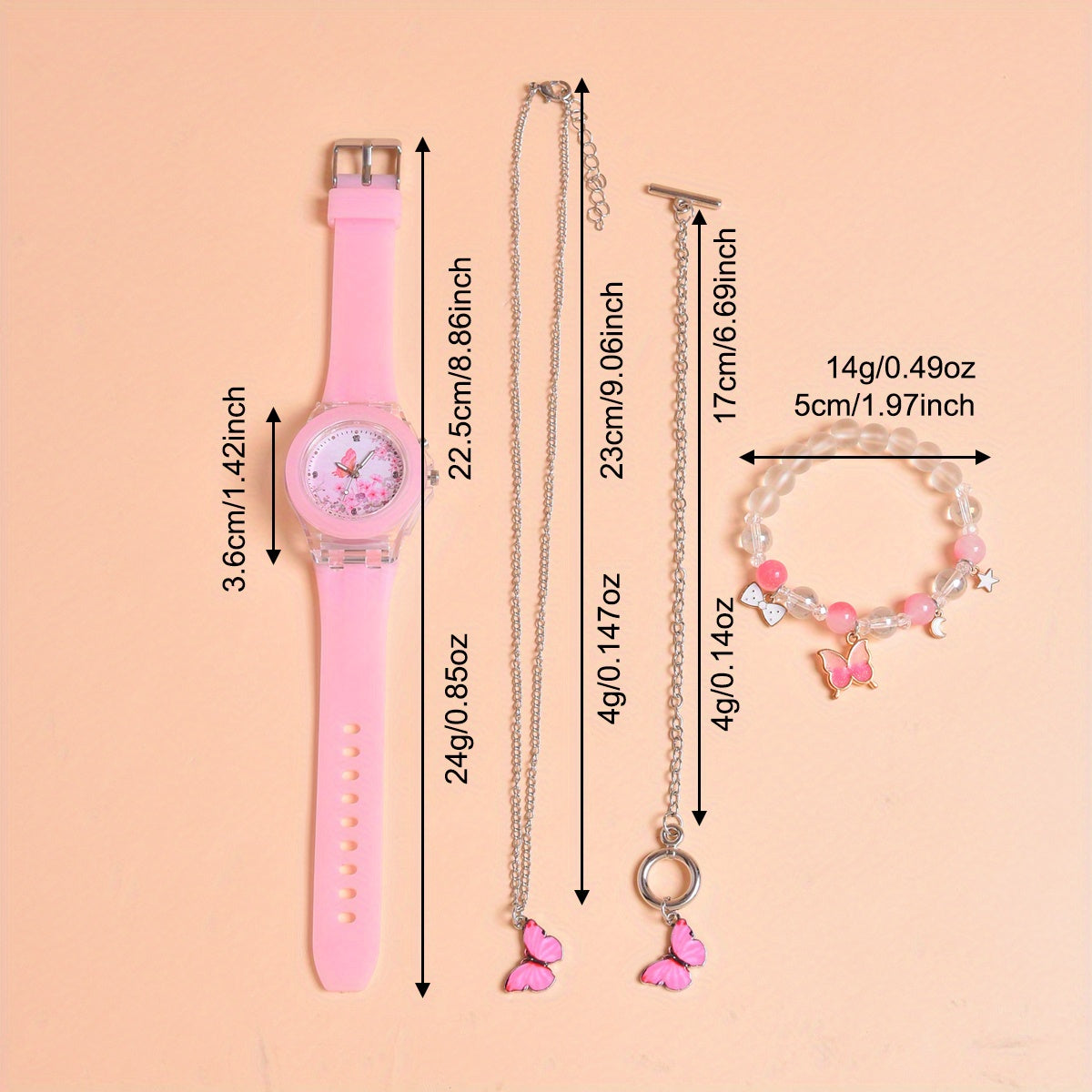 Butterfly Kids' Quartz Watch with Silicone Strap LED Light Bracelet Set