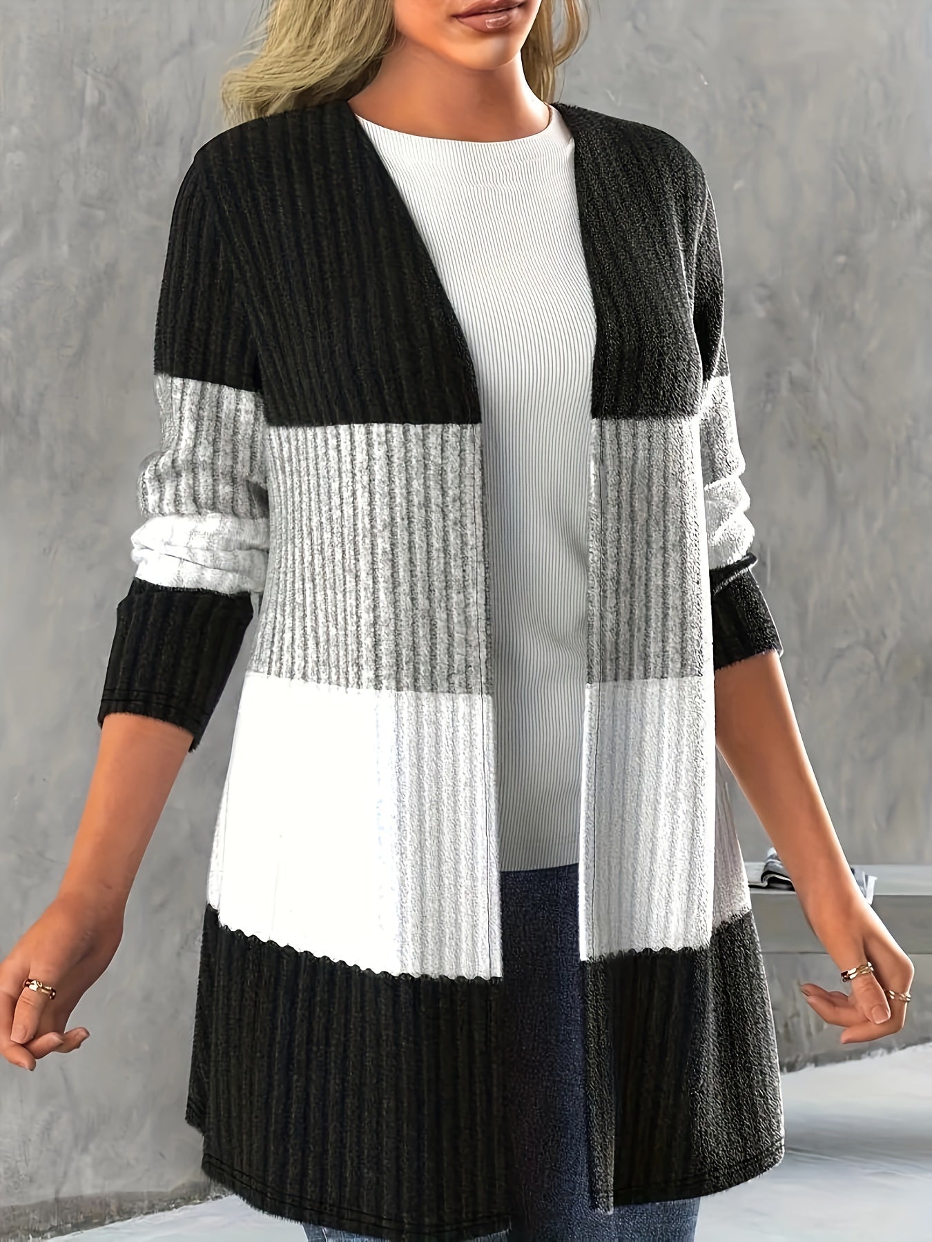  Colorblock Long Sleeve Open Front Cardigan
