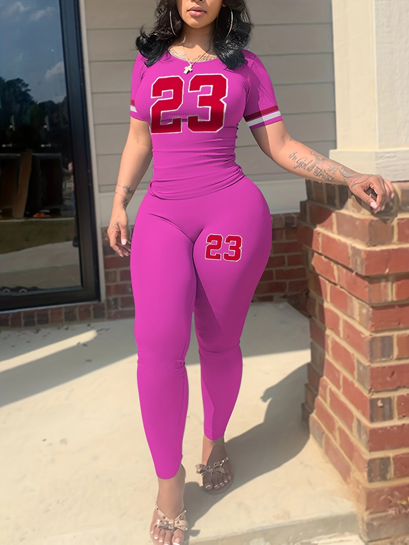 Casual Letter Print 2pc Set Crew Neck Short Sleeve T shirt & Skinny Pants