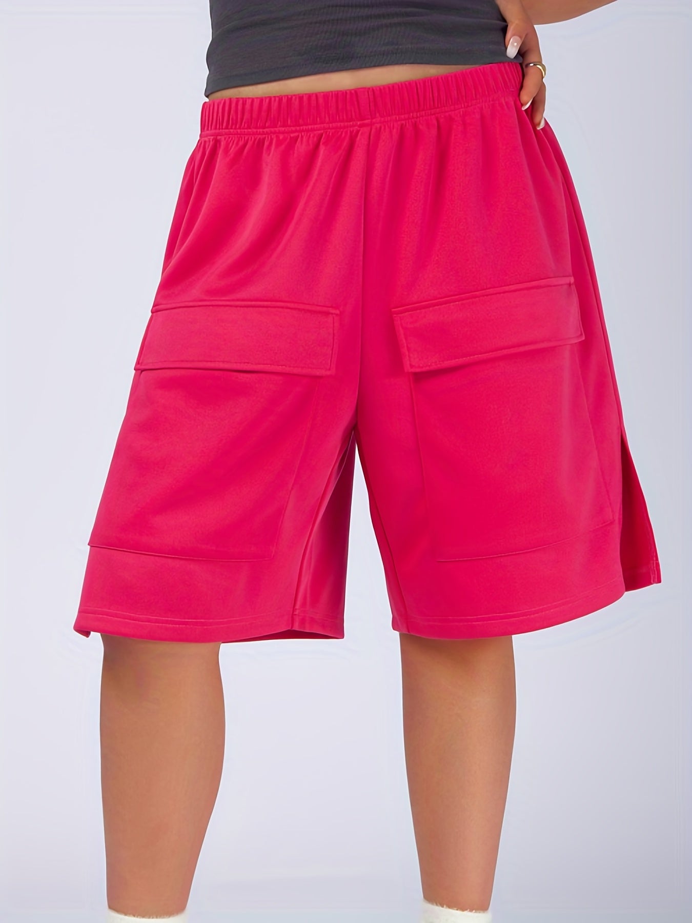  Solid Elastic Side Split High Rise Shorts