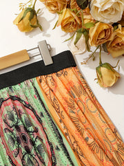  Patchwork Print Elastic High Rise Pleated Maxi Skirt