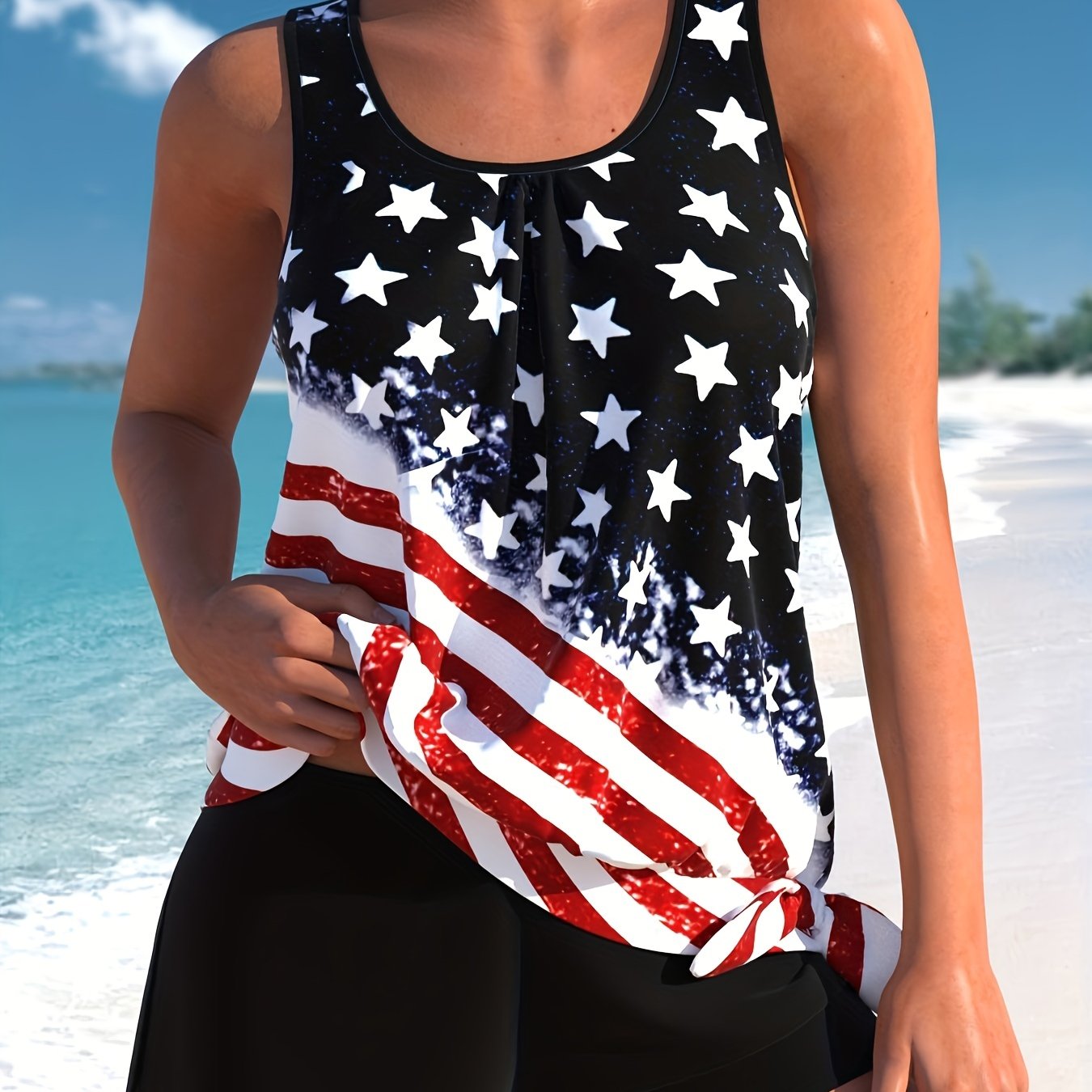  Independence Casual Tankini Set Women's Plus Flag Print Tie...