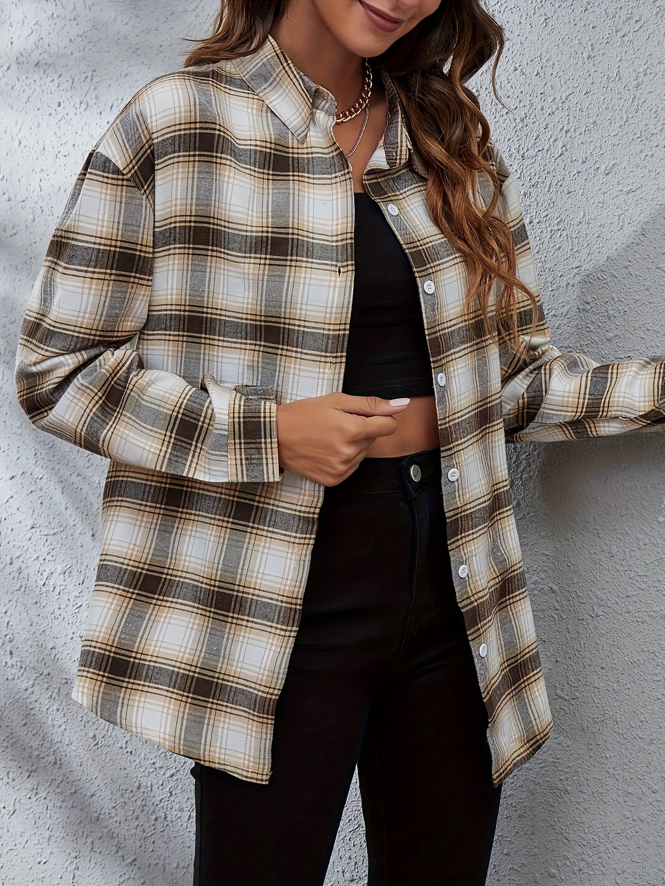  Plaid Print Long Sleeve Button Up Collar Shirt