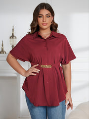  Solid Button Up Batwing Sleeve Tunic Shirt Top