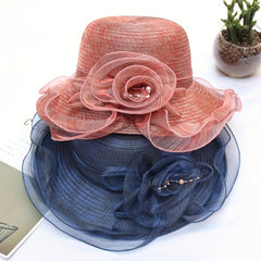 Organza Mesh Flower Sun Hat Striped Ruffles Bucket Hat