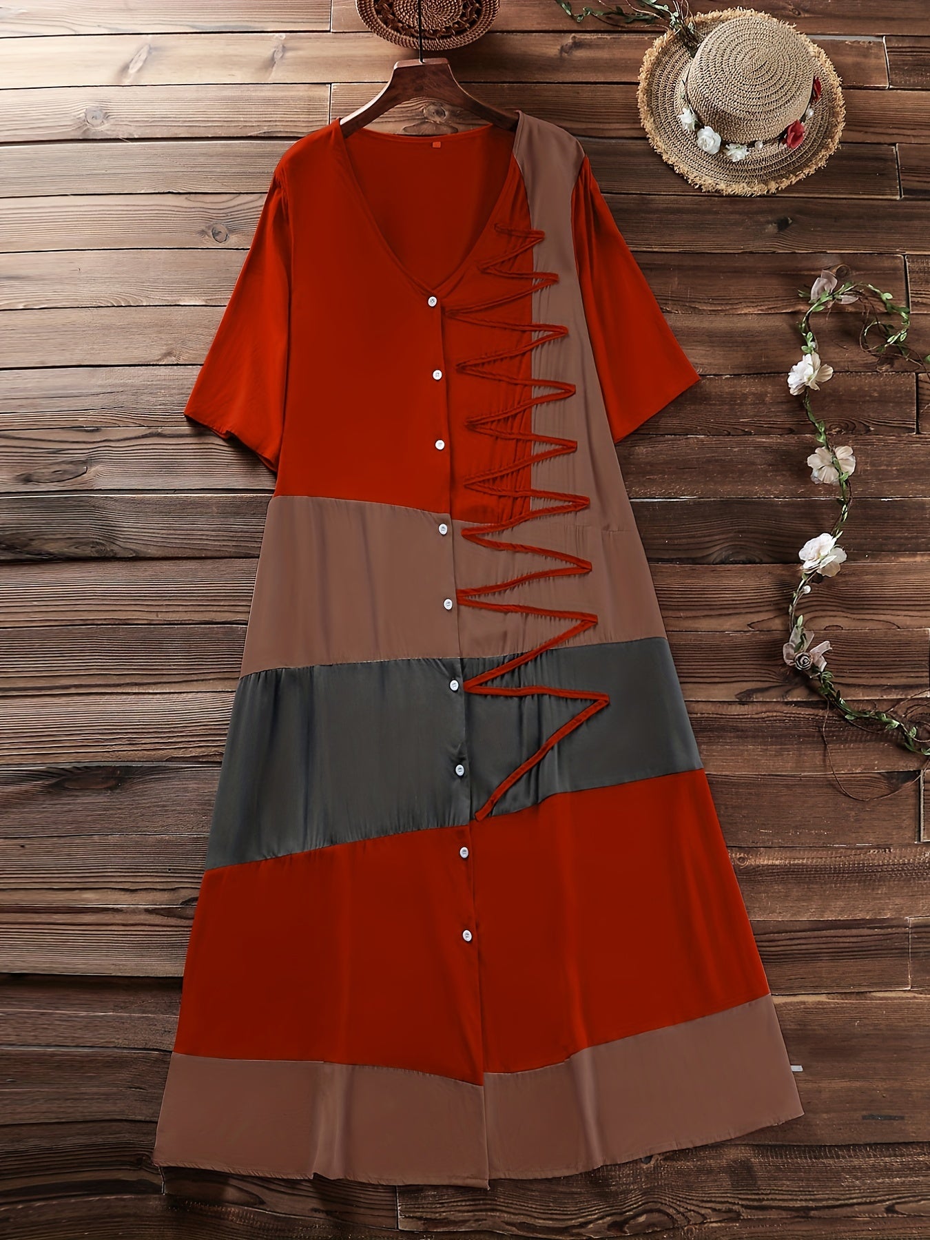  Colorblock Button Up V Neck Tee Dress
