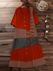  Colorblock Button Up V Neck Tee Dress