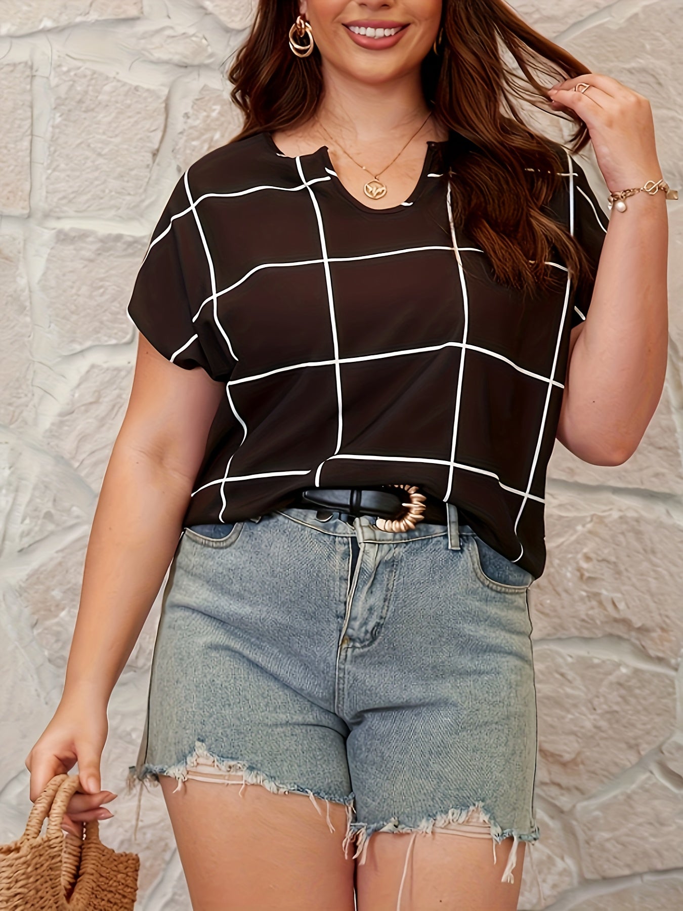  Grid Print Short Sleeve Blouse