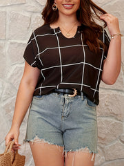  Grid Print Short Sleeve Blouse
