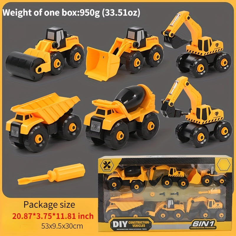 6-piece Christmas Toy Model Disassembly Engineering Car & Dinosaur Pull Back Car