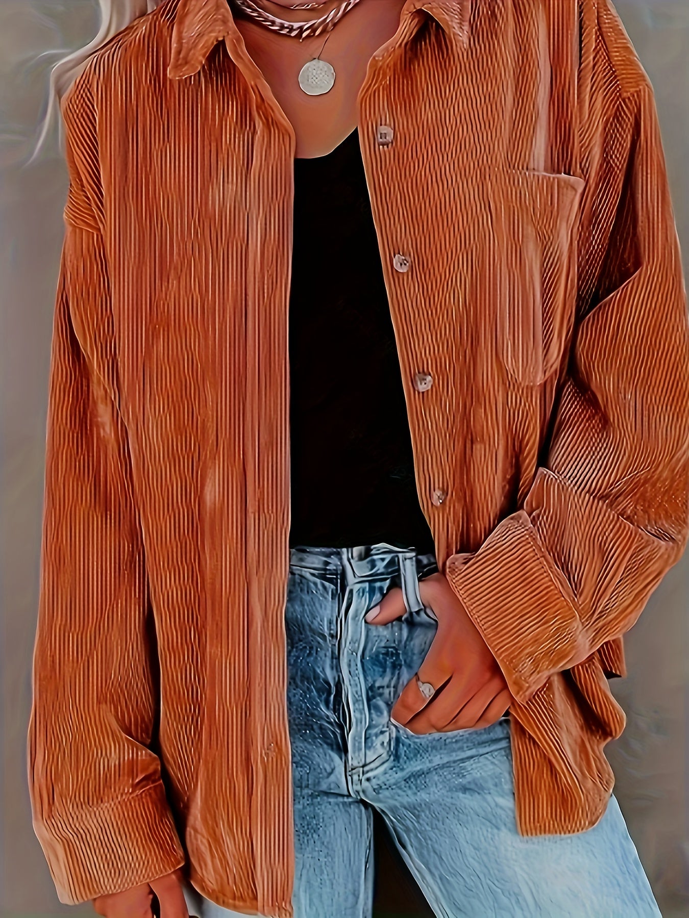  Solid Corduroy Long Sleeve Button Up Lapel Collar Shirt Top