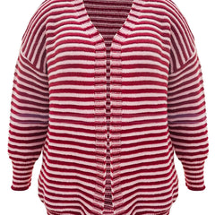  Stripe Print Open Front Lantern Sleeve Knit Cardigan