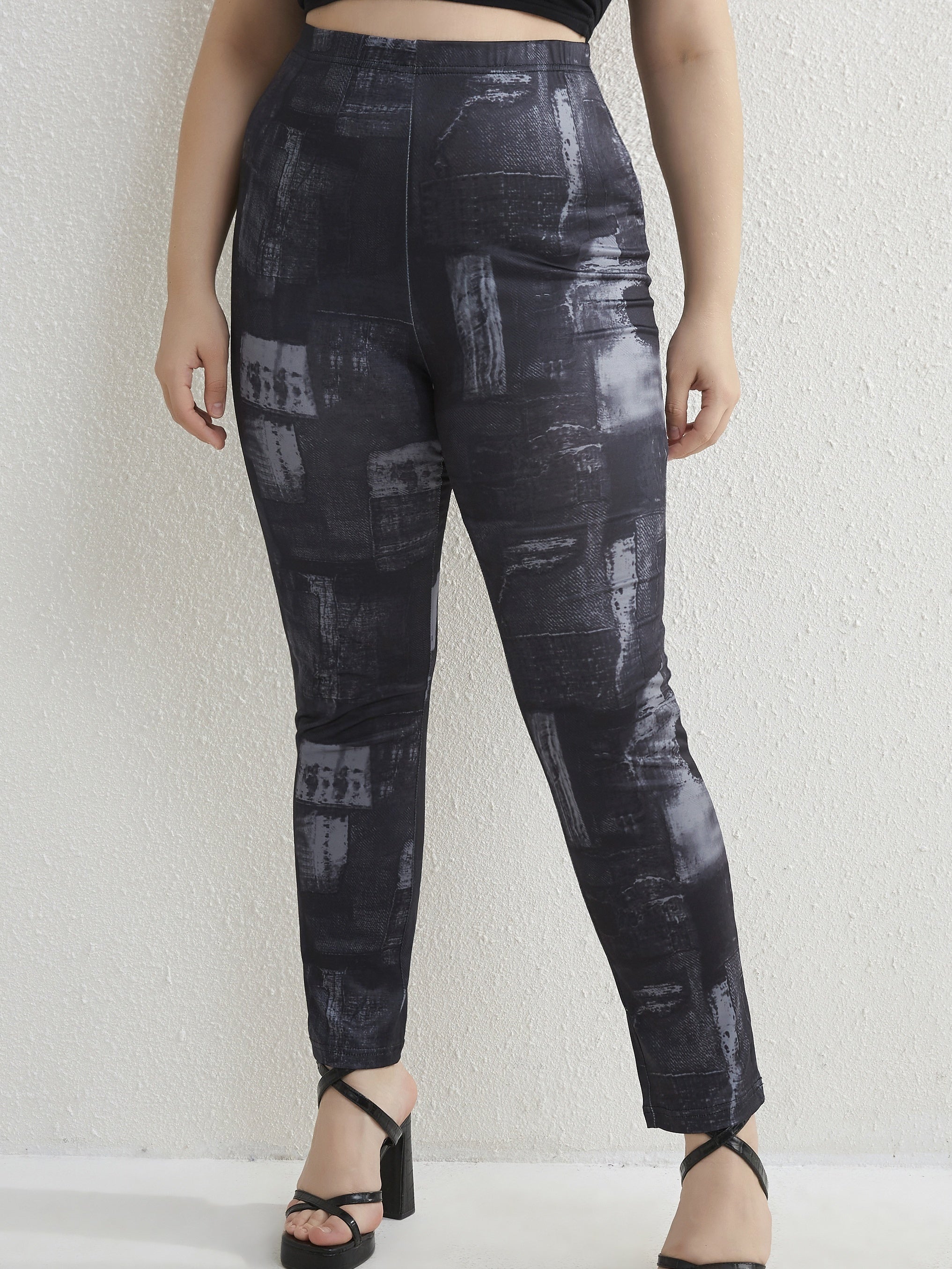  Colorblock Denim Print Stretch Leggings