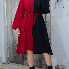  Colorblock Lantern Sleeve Shirt Dress With Belt