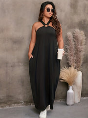  Solid Ring Criss Cross Maxi Dress with Pockets