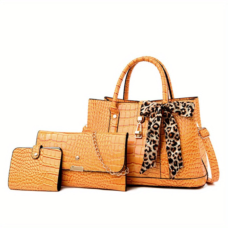3 Pcs Crocodile Embossed Bag Set Tote Shoulder Clutch Card Case