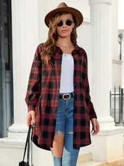  Plaid Print Long Sleeve Button Up Tunic Shirt Top