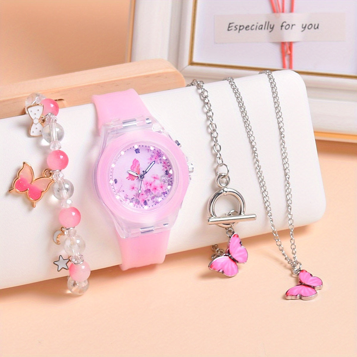 Butterfly Kids' Quartz Watch with Silicone Strap LED Light Bracelet Set