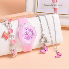 Butterfly Kids' Quartz Watch with Silicone Strap LED Light Bracelet Set