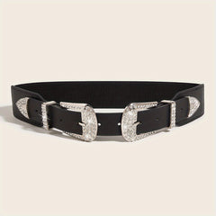 Western Belt Rhinestone Inlaid Buckle PU Leather Elastic Wide Girdle