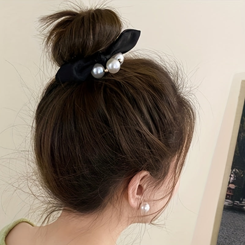 Bow Faux Pearl Hairband Elastic Hair Tie
