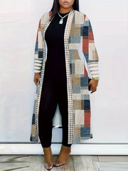  Colorblock Geometric Print Open Front Cardigan