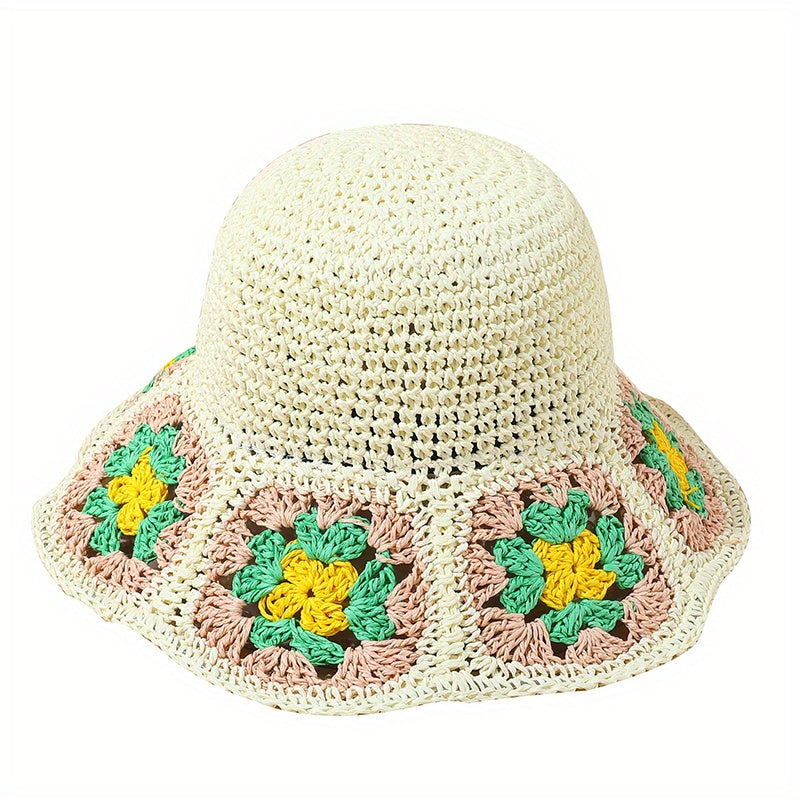 Vintage Rainbow Flower Bucket Hat Hand Crochet Foldable Straw Beach Hats