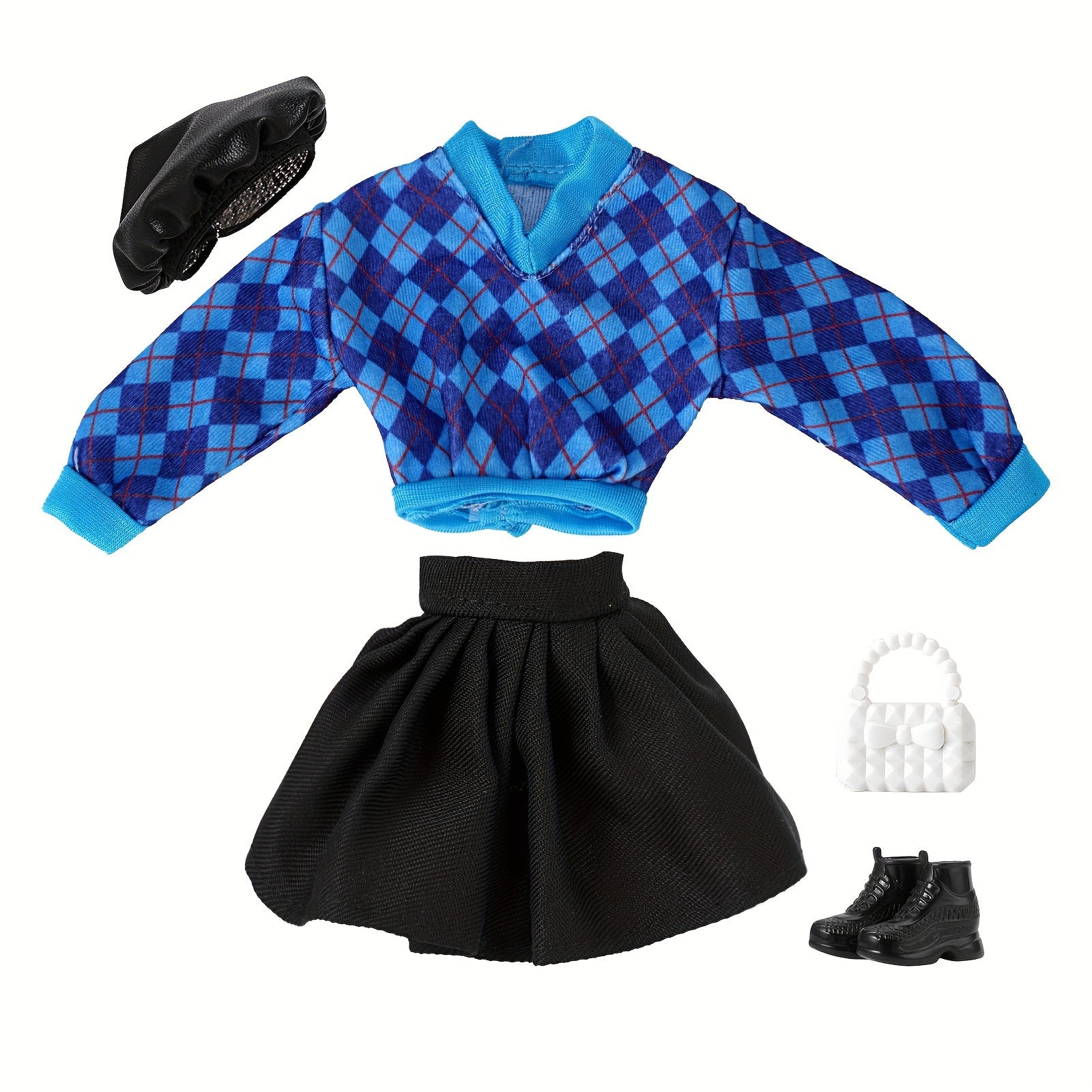 Plaid Doll Clothes Set - Sweater, Skirt, Hat, Bag