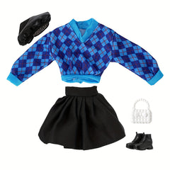 Plaid Doll Clothes Set - Sweater, Skirt, Hat, Bag
