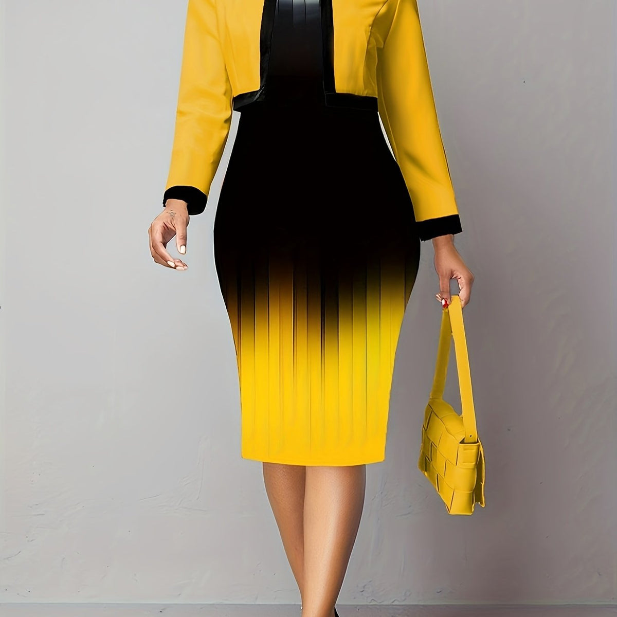  Colorblock Ombre Print Dress & Cardigan 2 Piece Set