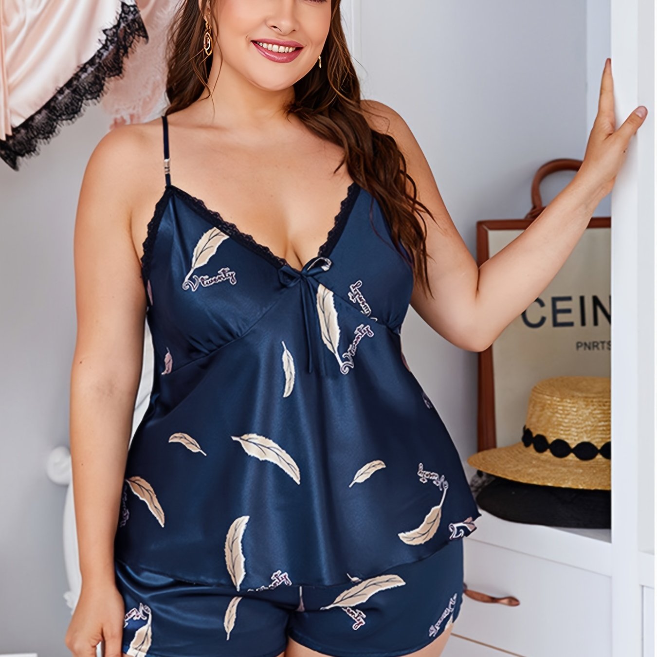  Sexy Pajamas Set Women's Plus Feather & Letter Print V Neck Satin Cami