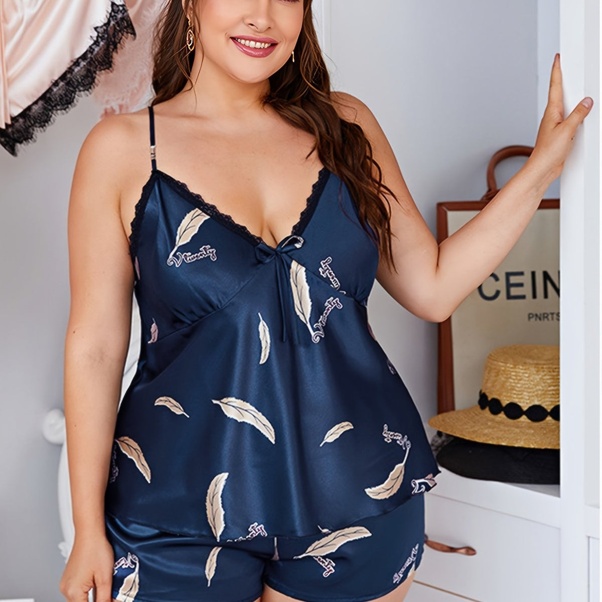  Sexy Pajamas Set Women's Plus Feather & Letter Print V Neck Satin Cami