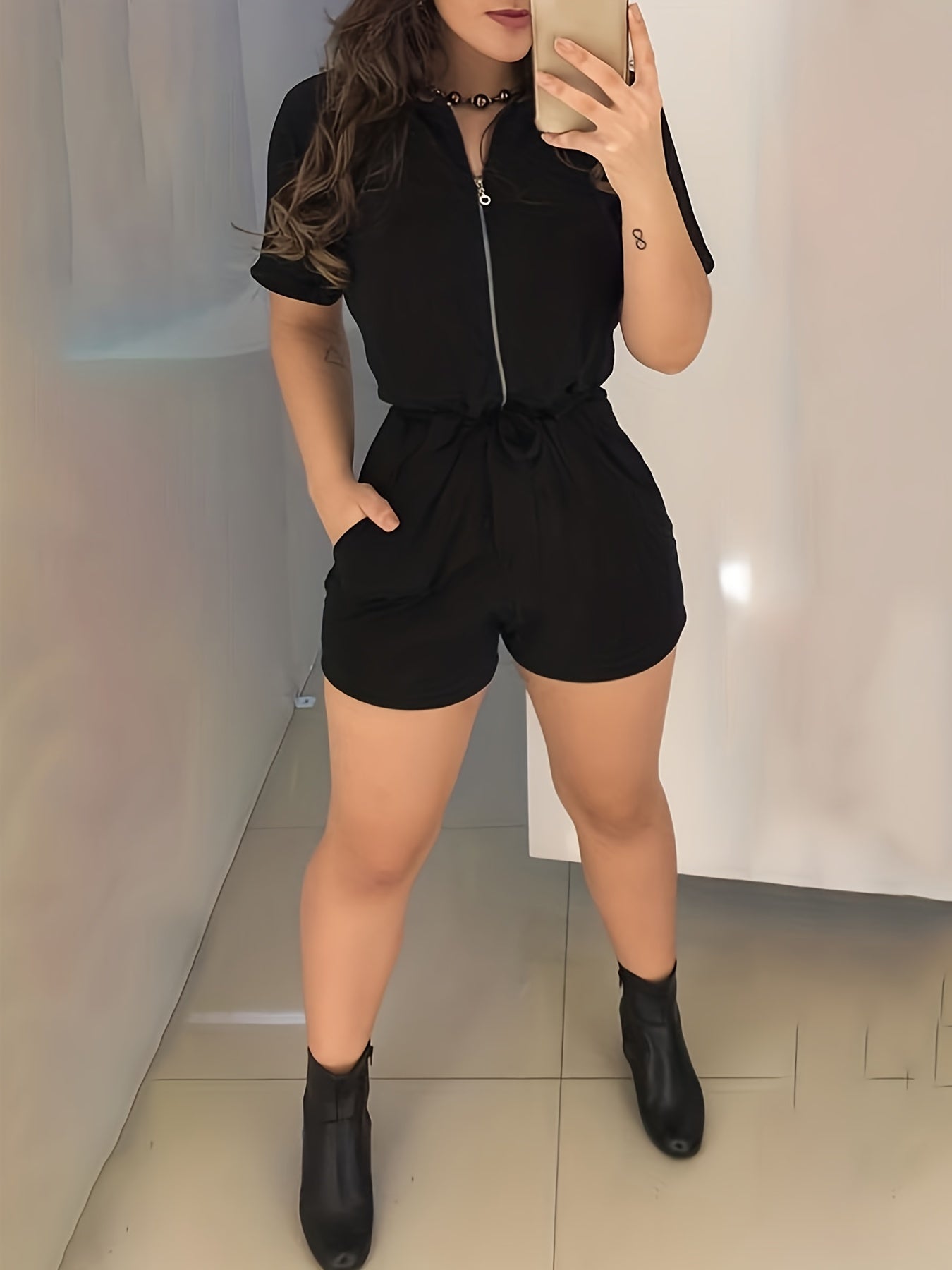  Casual Romper Women's Solid Short Sleeve Romper with Waist Knot