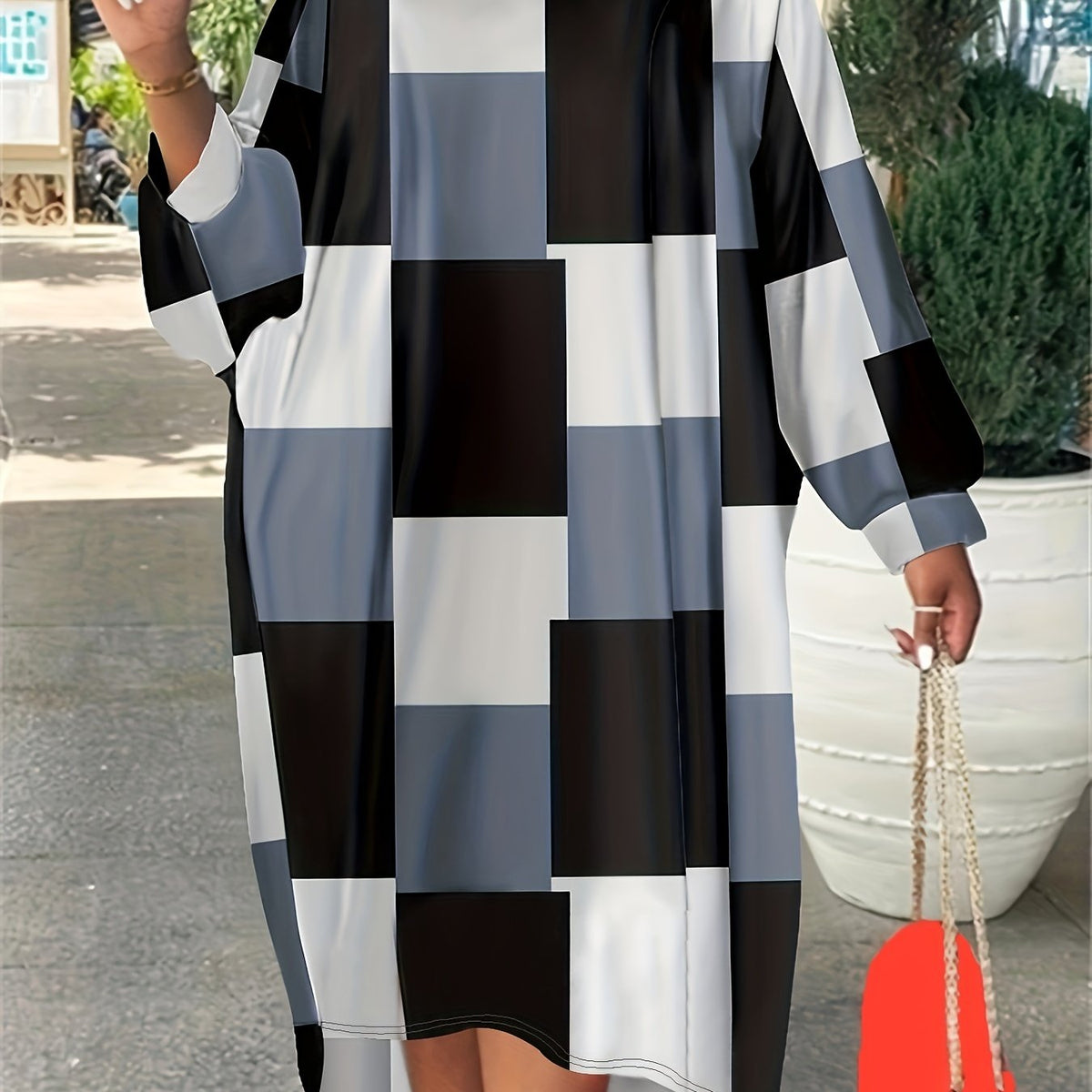  Plaid Print Batwing Sleeve Boat Neck Dress