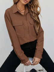  Solid Long Sleeve Button Up Collar Shirt Top