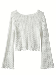 Tie Front Knit Cardigan Scallop Trim Flared Sleeve Sweater