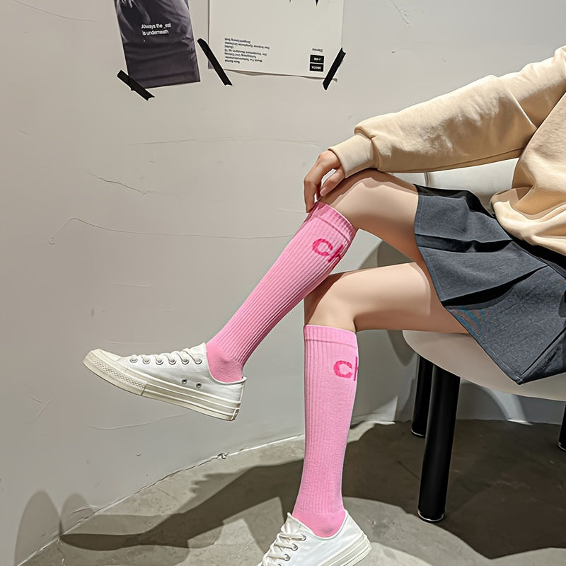 Letter Print Calf Socks Women's Knee High Stockings