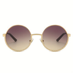 Round Metal Frame Sunglasses Rhinestone Decor Gradient Glasses UV400
