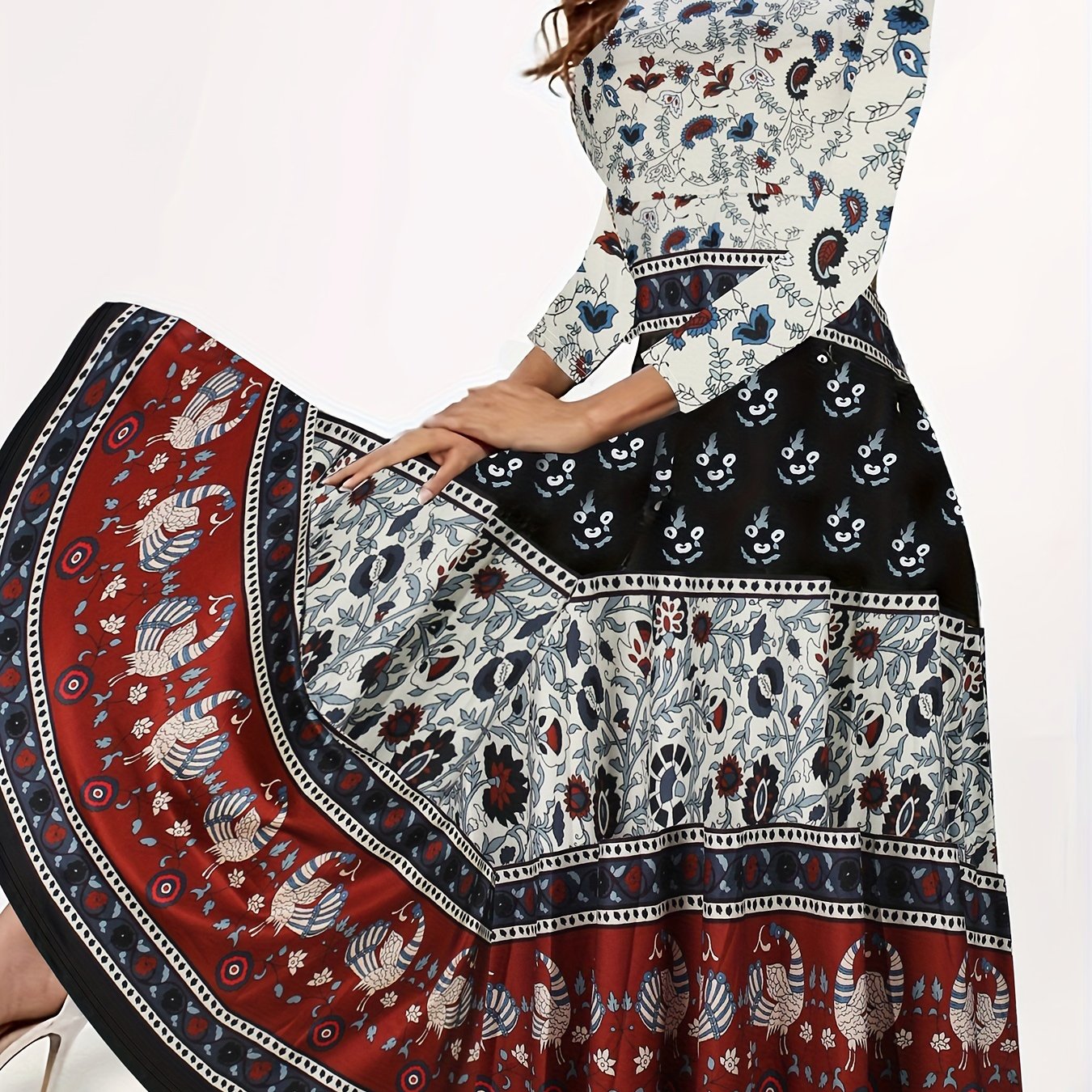 Women's Plus Tribal & Floral Print Three Quarter Sleeve Round Neck Maxi Dress